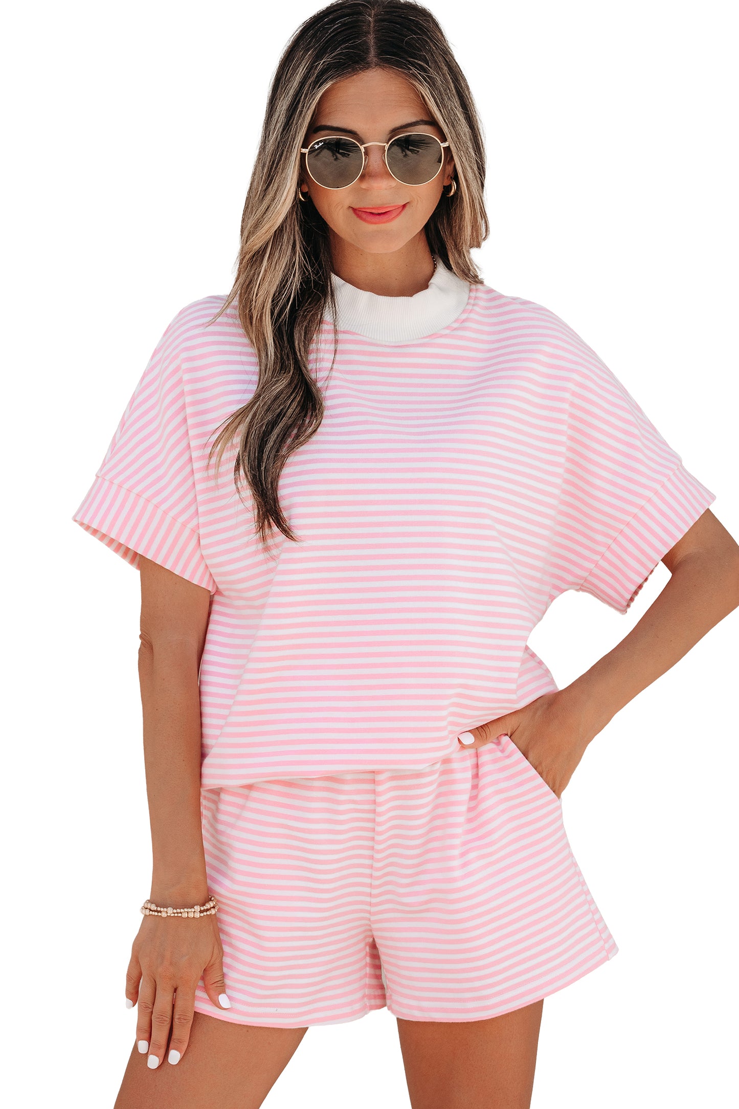 Stripe Cuffed Sleeve Contrast Mock Neck Tee Casual 2pcs Short Set (Other Colors)