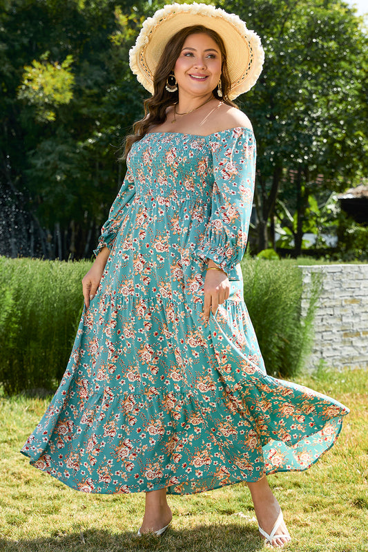 Green Floral Print Square Neck Smocked Maxi Dress