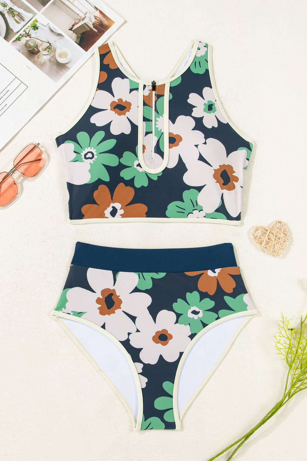 Blue Flower Zip up Racerback High Waisted Bikini (Extended Sizes)
