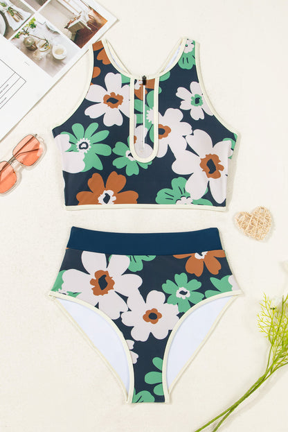 Blue Flower Zip up Racerback High Waisted Bikini (Extended Sizes)