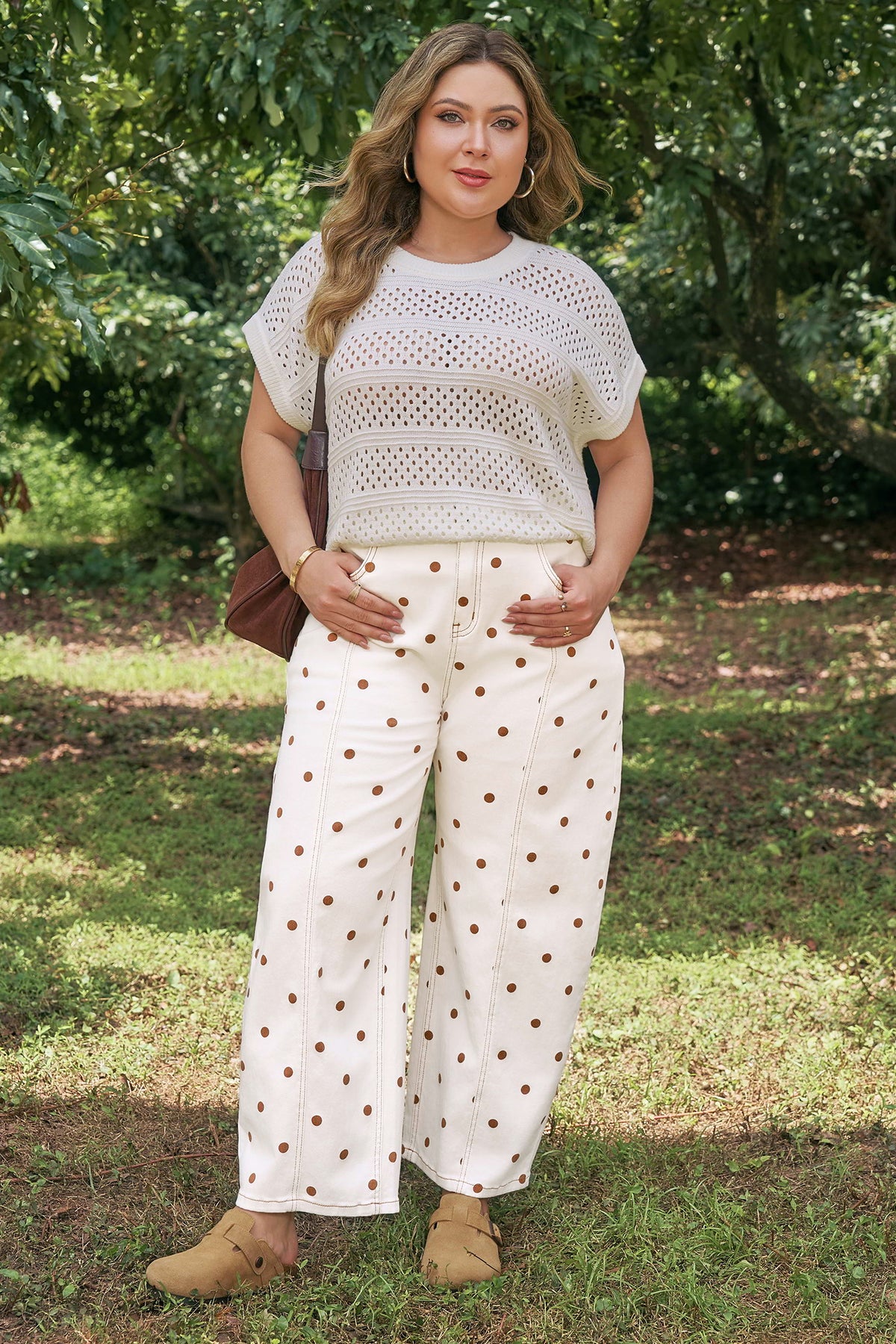 Beige Polka Dot Print Barrel Jeans