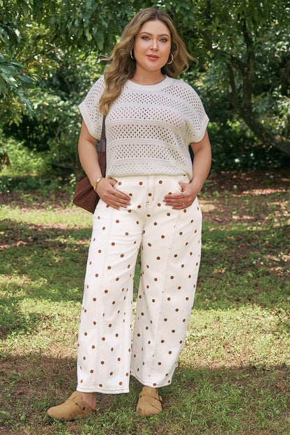 Beige Polka Dot Print Barrel Jeans