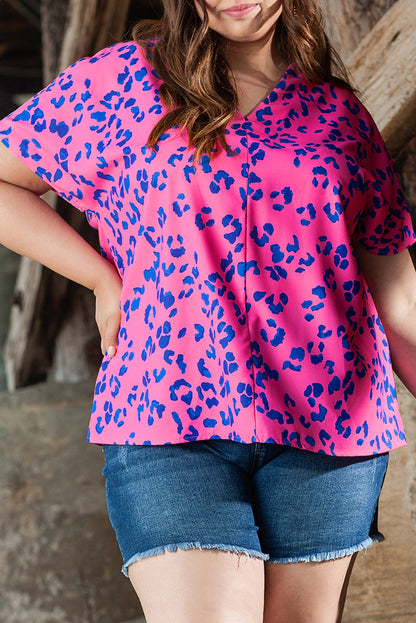 Rose Contrast Leopard Print V Neck Blouse
