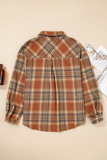 Brown Plaid Print Flap Pocket Buttoned Shacket