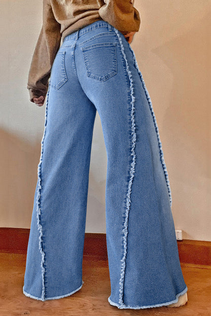 Beau Blue Vintage Stitching Raw Hem Flared Jeans (Extended Sizes)