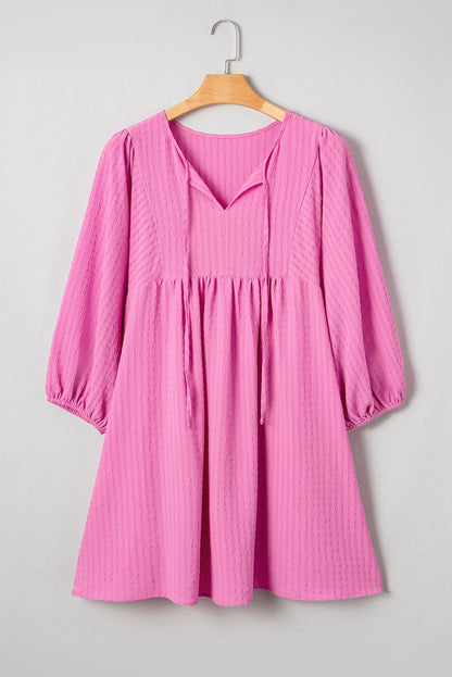 Sachet Pink Textured Tie Split Neck Puff Sleeve Flowy Mini Dress