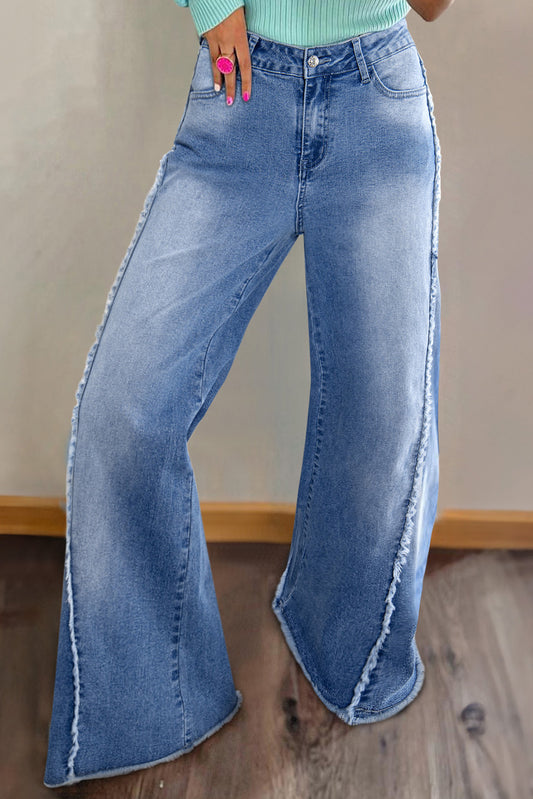 Beau Blue Vintage Stitching Raw Hem Flared Jeans (Extended Sizes)
