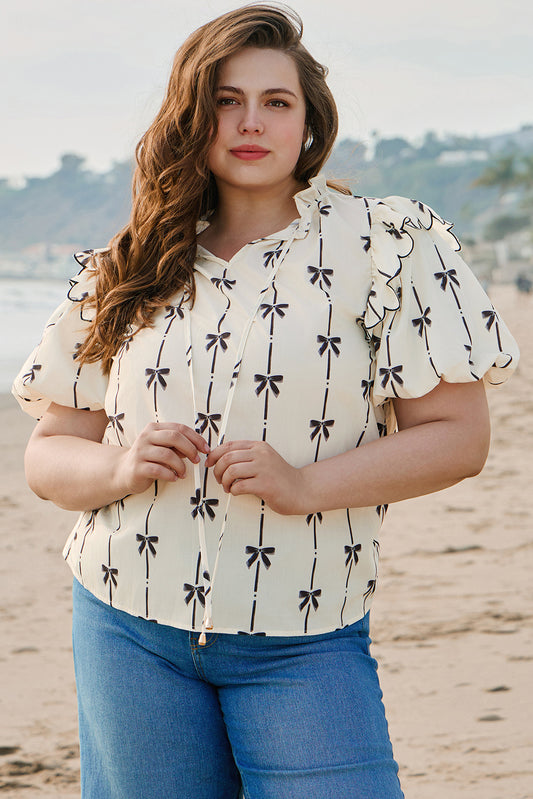 Apricot Bow Printed Ruffled Bubble Sleeve Lace-up Notched Neck Blouse