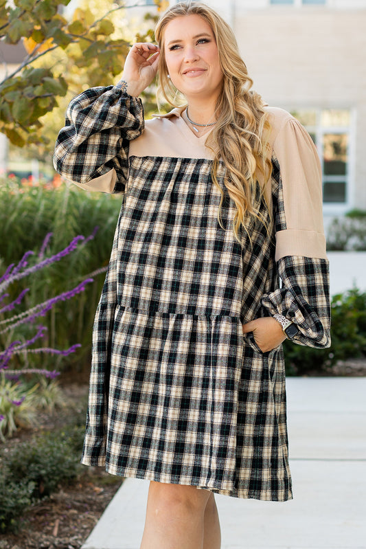 Black Plaid Waffle Knit Patchwork Collared V Neck Mini Dress