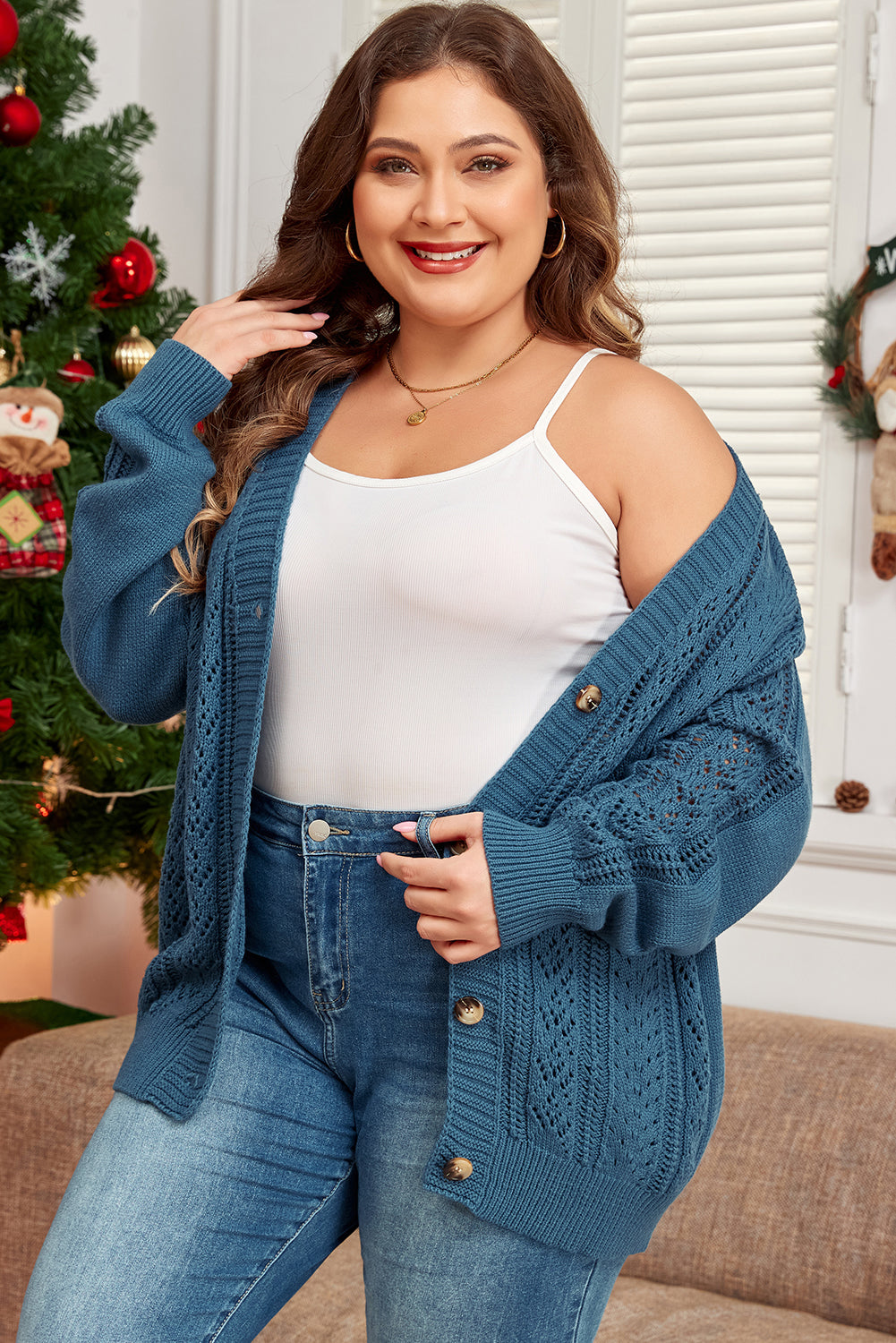 Real Teal Open Knit V Neck Button Front Drop Shoulder Cardigan