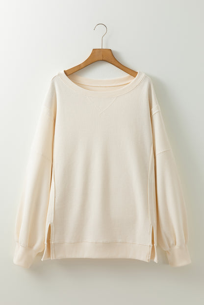 White Solid Color Waffle Knit Drop Shoulder Sweatshirt