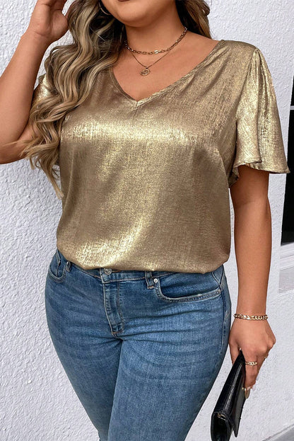 Gold Metallic V Neck Short Sleeve Blouse