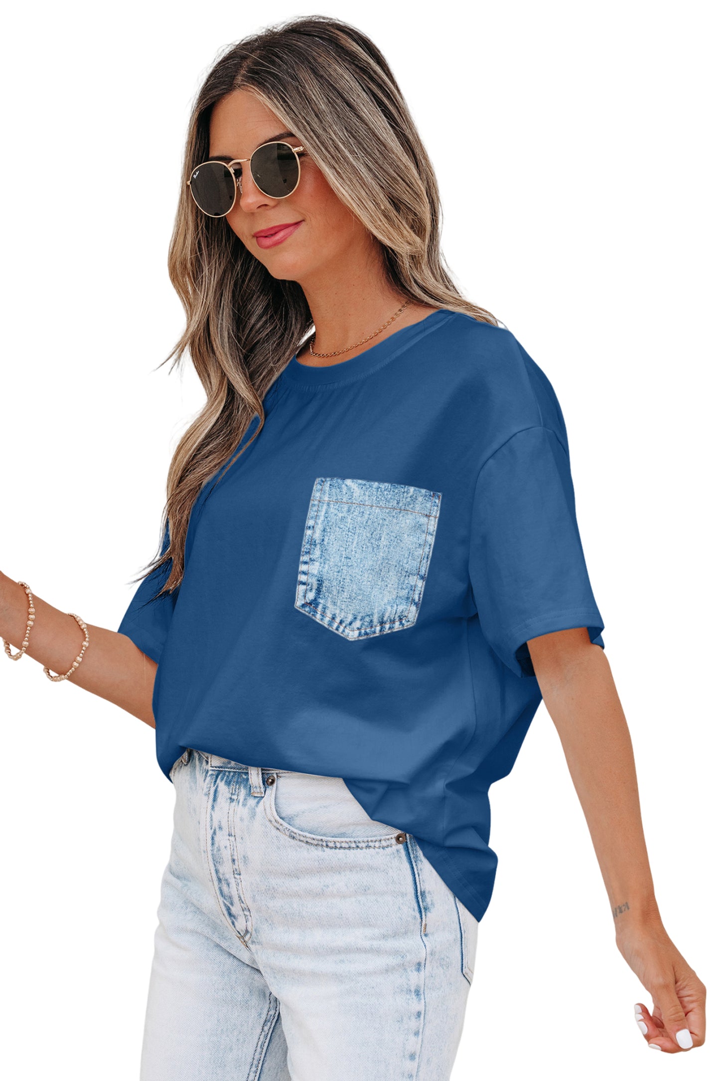 Color Block Chest Pocket Patched Casual Short Sleeve Top (Other Color)