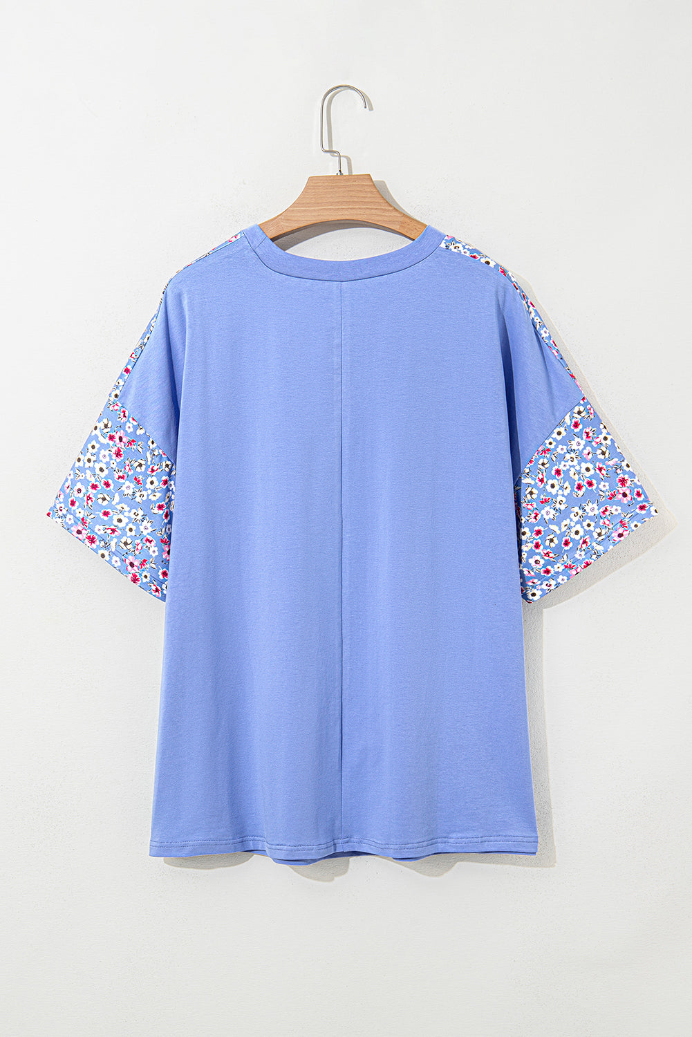 Sky Blue Floral Patchwork Chest Pocket Crewneck T Shirt