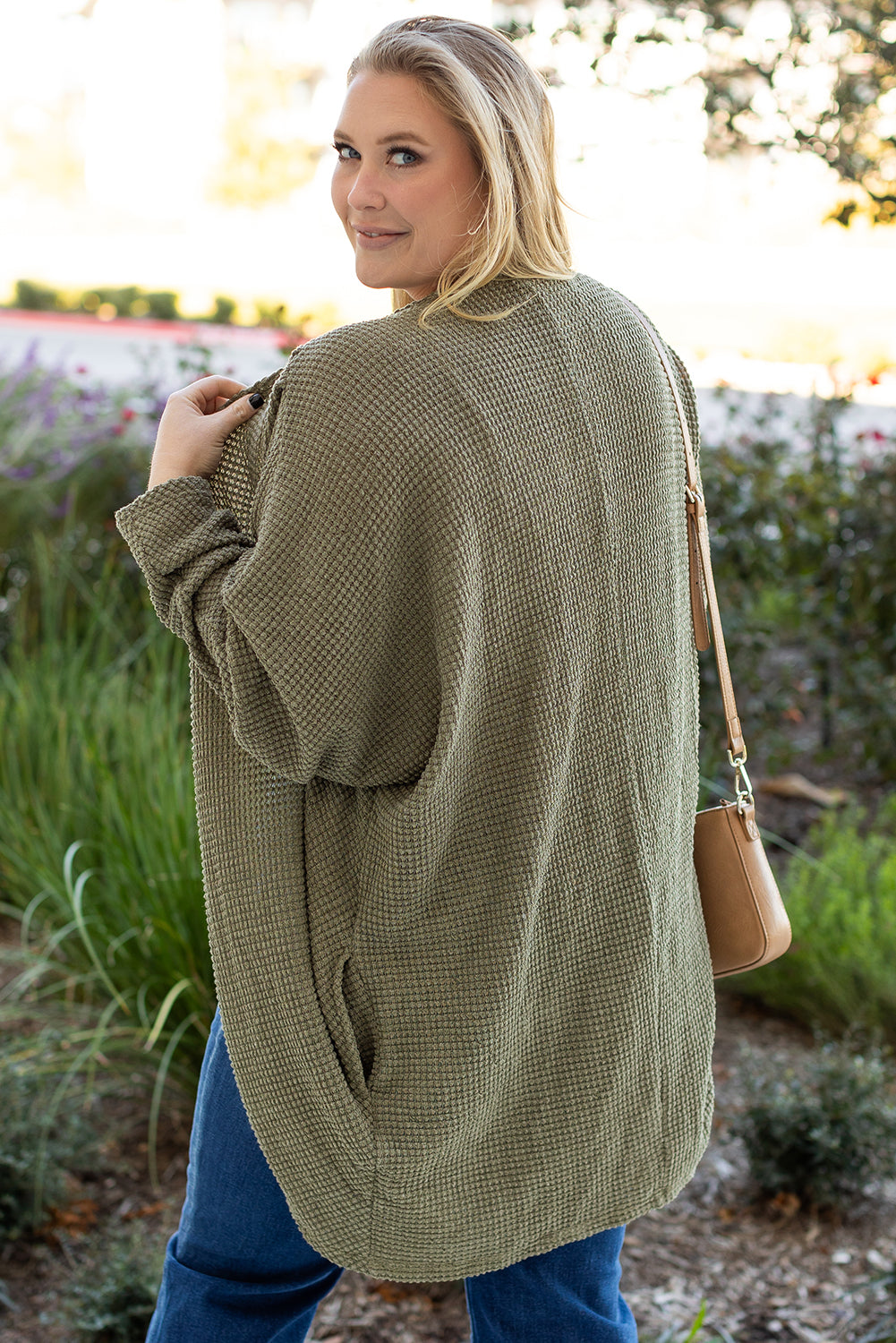 Seagrass Waffle Knit Drop Shoulder Open Front Pocketed Cardigan