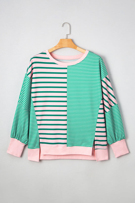 Green Stripe Color Block Exposed Seam Side Slit Sweatshirt