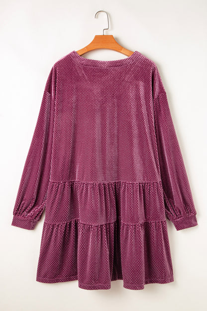 Meadow Mauve Textured Velvet Tiered Buttons Tiered Dress
