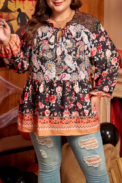 Black Paisley Floral Print V Neck Bubble Sleeve Blouse