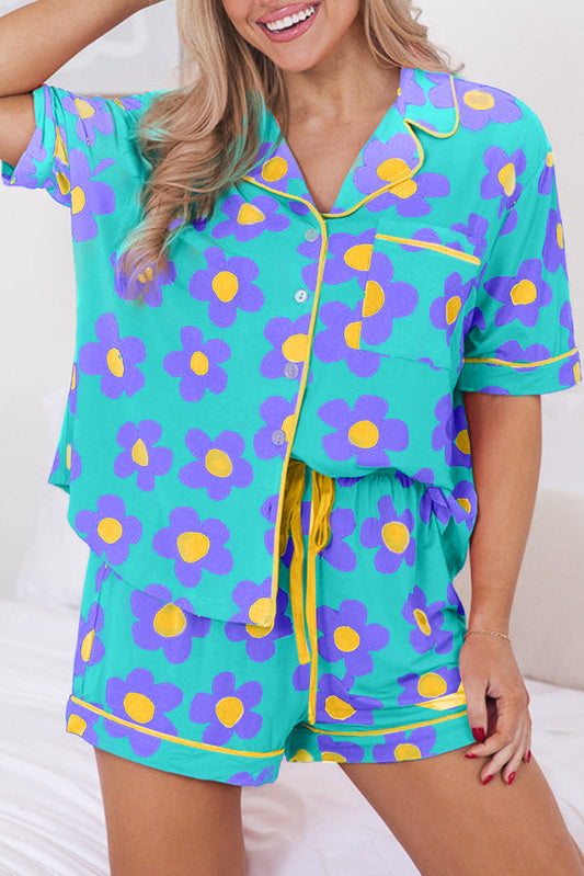 Green Flower Print Short Sleeve Shirt Pajamas Set (Extended Sizes)