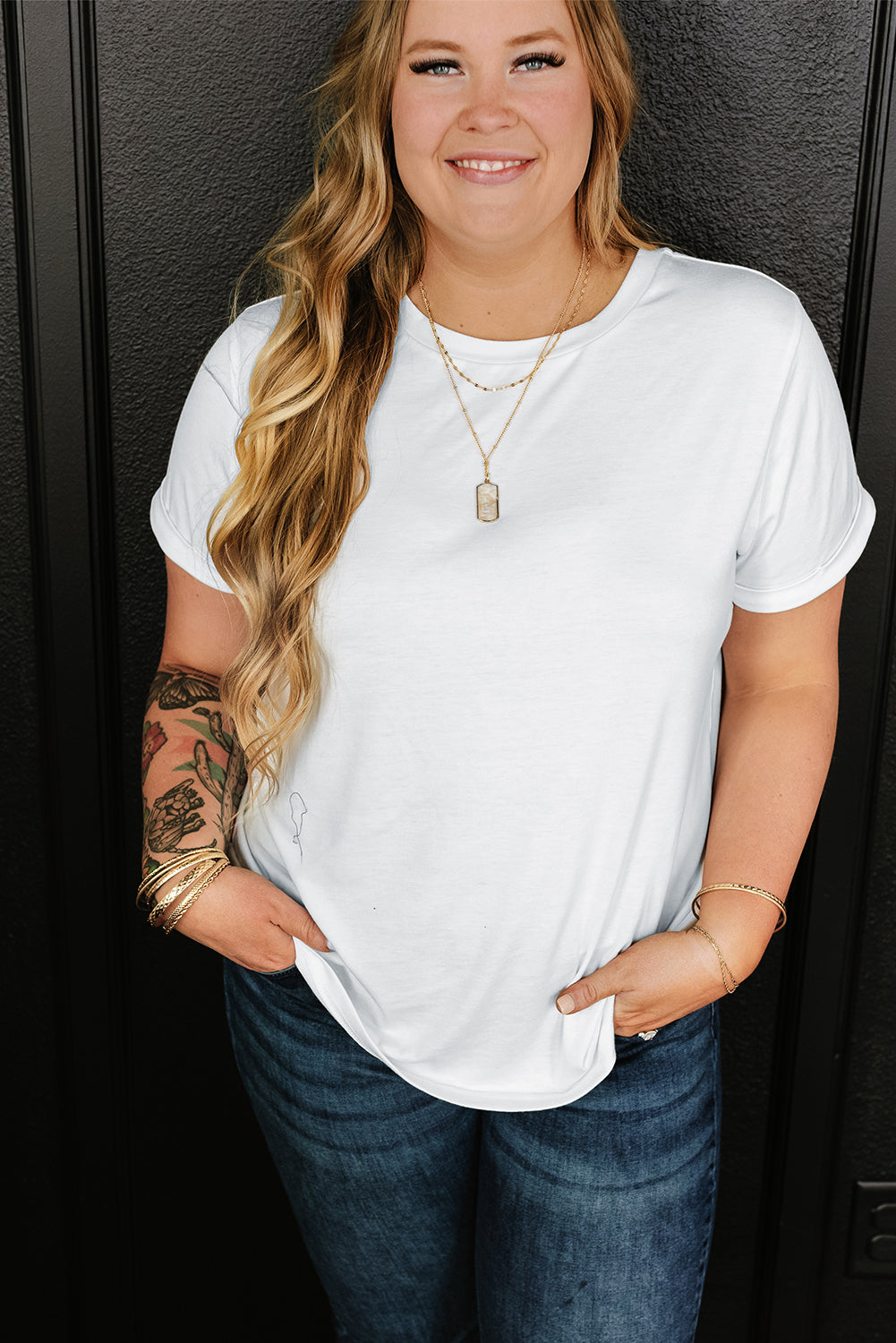 White Round Neck Rolled Sleeve T-shirt
