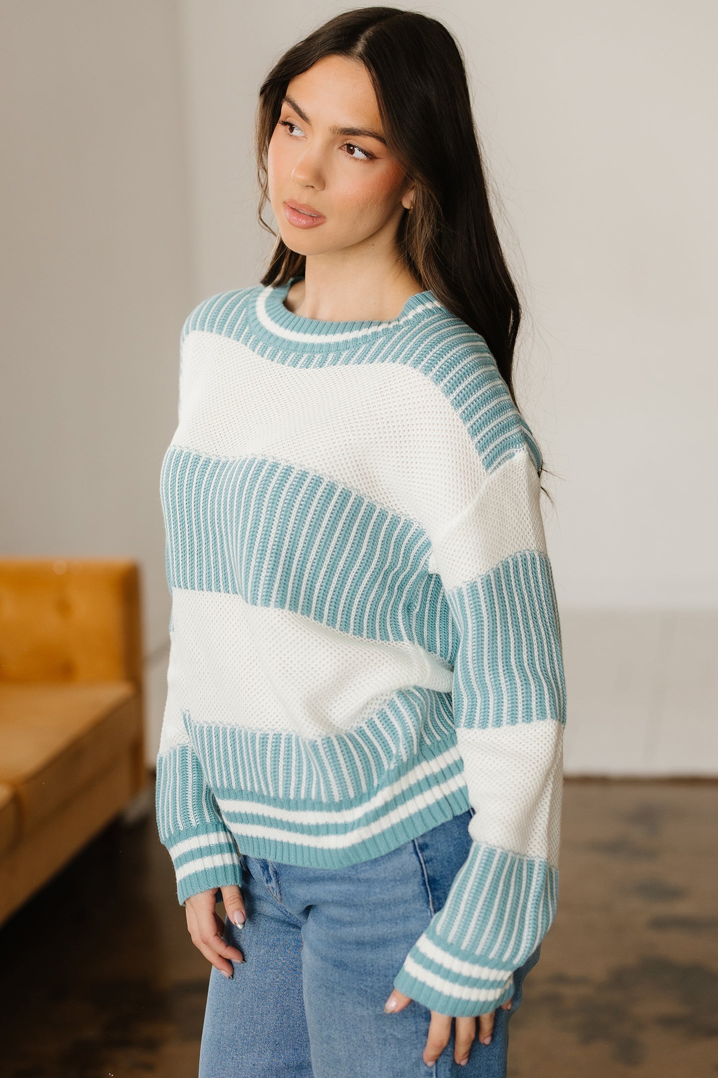 Two Tone Striped Patchwork Drop Shoulder Loose Sweater (Other Colors)