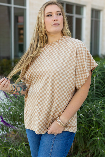 Khaki Checkerboard Short Batwing Sleeve Round Neck T Shirt