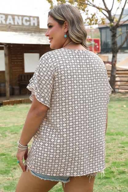 Khaki Geometric Print Ruffled Sleeve Blouse
