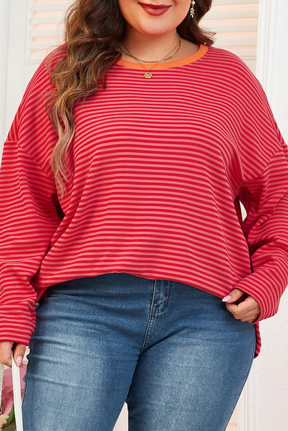 Orange Stripe Drop Shoulder Long Sleeve Buttoned Decor Top