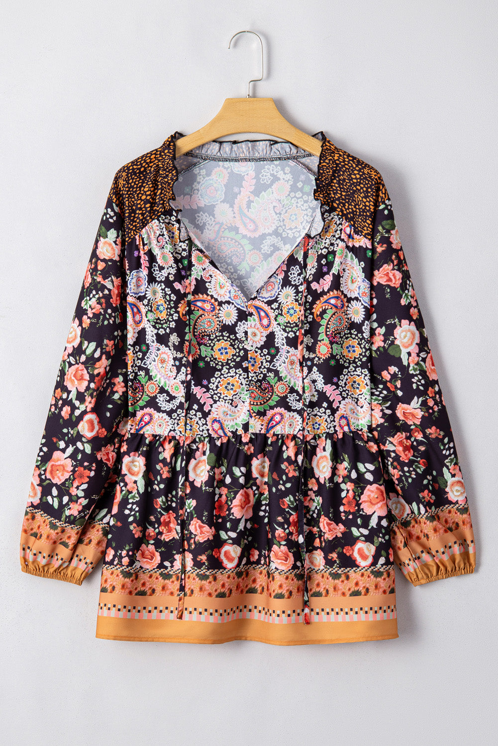 Black Paisley Floral Print V Neck Bubble Sleeve Blouse