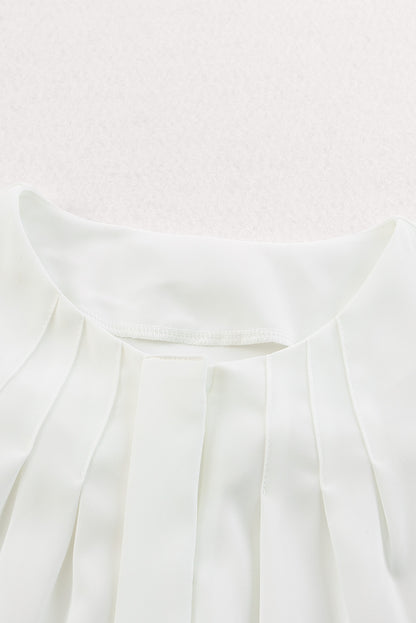 White Crew Neck Gathered Stretch Cuff Shirt (Extended Sizes)
