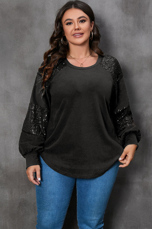 Black Sequin Patchwork Crew Neck Long Sleeve Top
