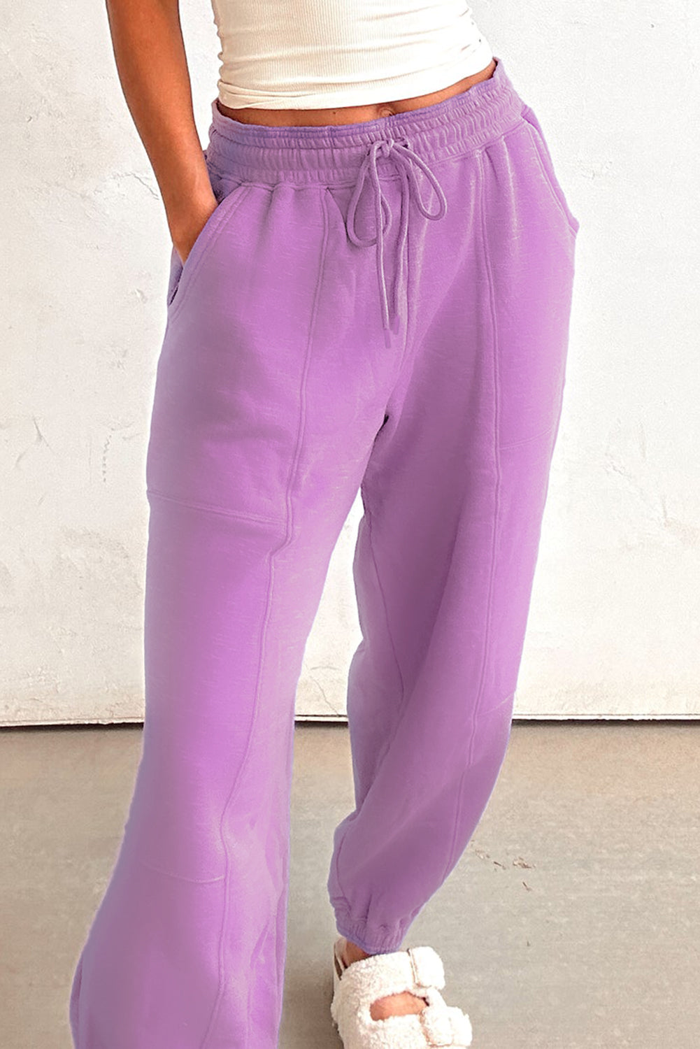 Light Pink Drawstring Elastic Waistband Solid Color Jogger Pants