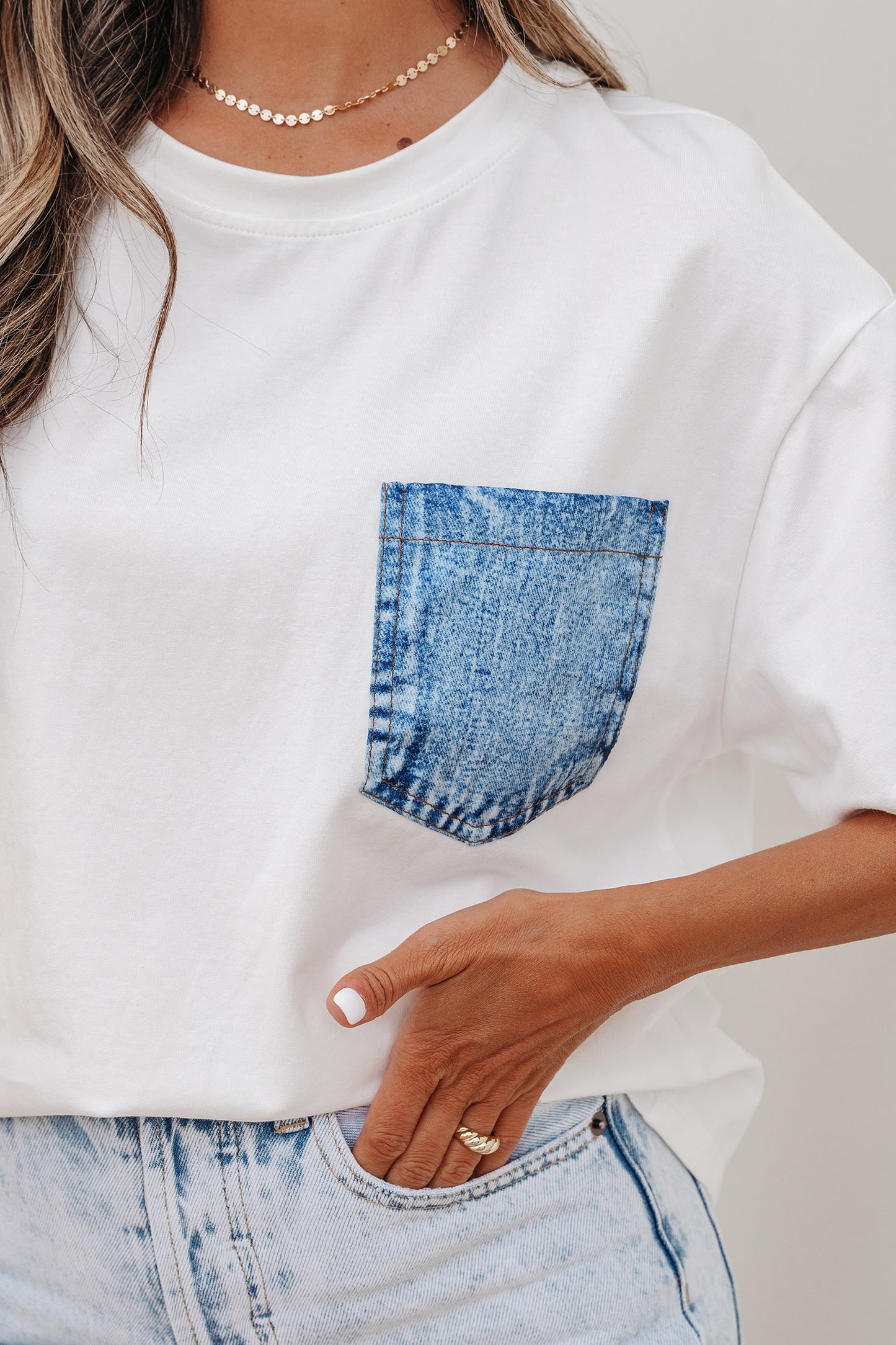 Color Block Chest Pocket Patched Casual Short Sleeve Top (Other Color)