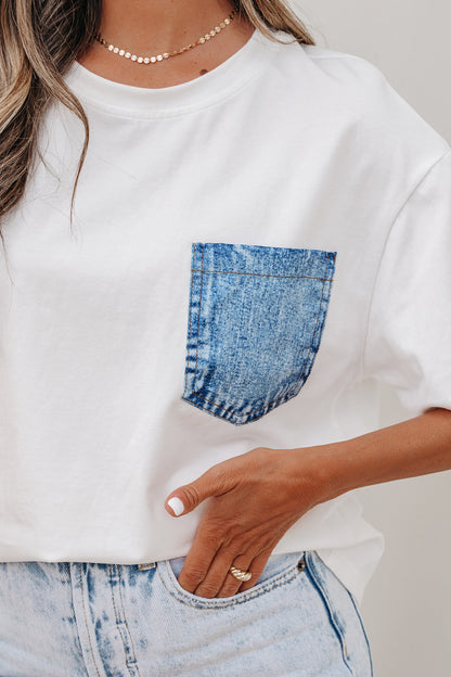 Color Block Chest Pocket Patched Casual Short Sleeve Top (Other Color)