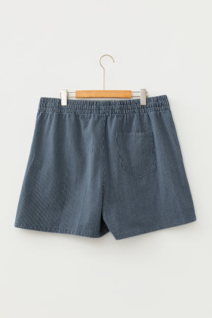 Blue Stripe Contrast Drawstring Elastic Waist Denim Shorts