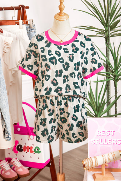 Leopard Print Contrast Trim Top Loose 2pcs Short Set