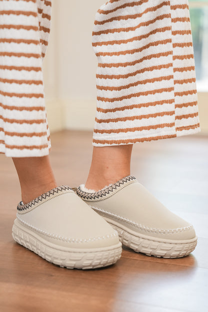 White Contrast Stitch Detail Faux Suede PU Patchwork Plush Winter Clog Slippers