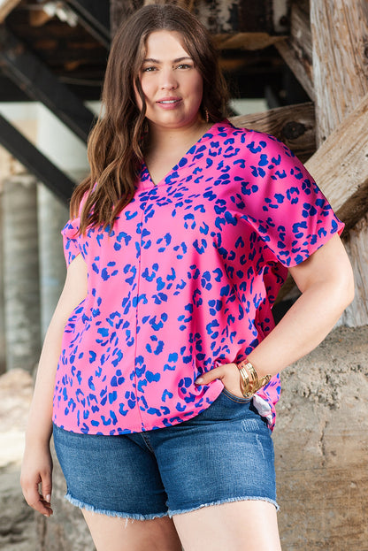 Rose Contrast Leopard Print V Neck Blouse