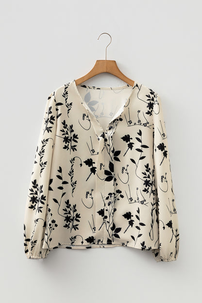 Botanical Floral Print Split Neck Long Sleeve Blouse