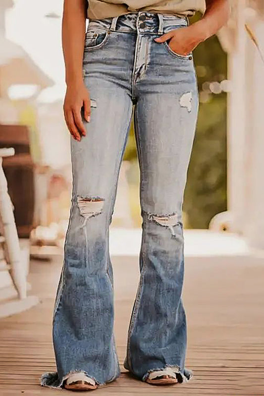 Dusk Blue Vintage Light Wash Ripped Raw Edge Flare Jeans (Extended Sizes)