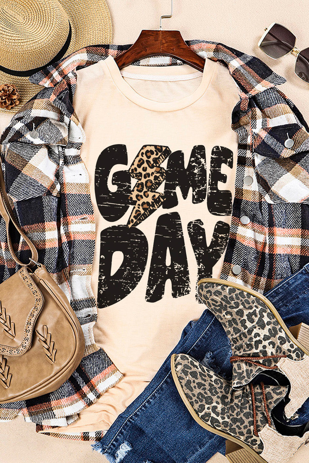 Khaki Game Day Rugby Football Season Leopard Lightning T Shirt (Extended Sizes)