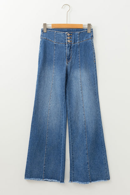 High Waist Button Fly Seamed Raw Hem Flare Jeans (Extended Sizes)