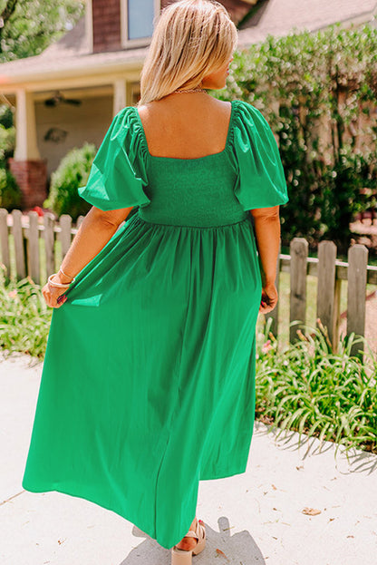 Bright Green Ruched Front Puff Sleeve Long Dress