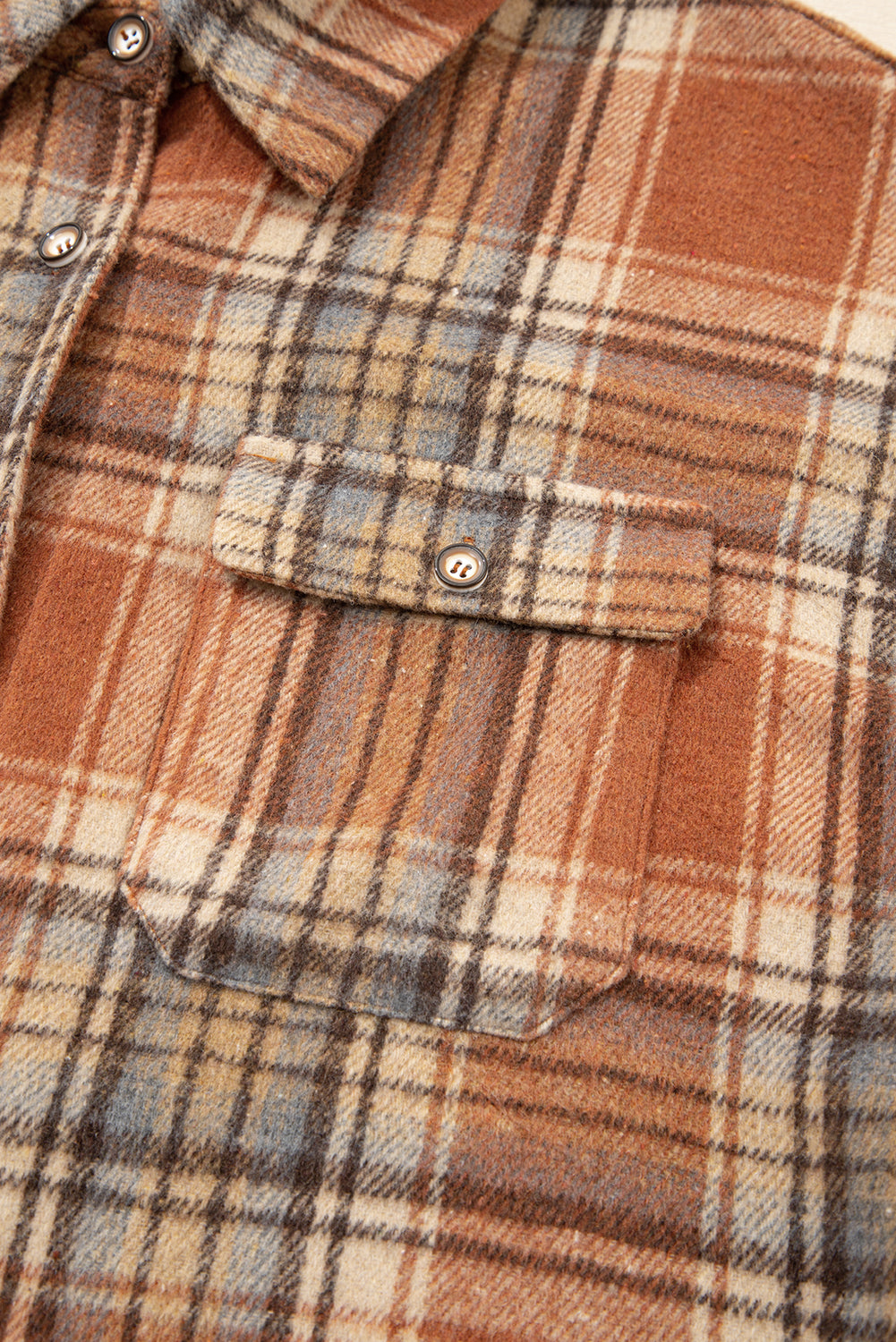 Brown Plaid Print Flap Pocket Buttoned Shacket