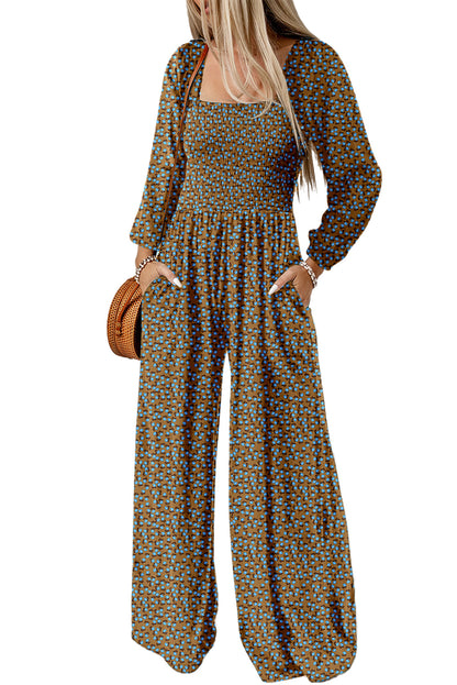Brown Floral Print Western Smocked Bodice Square Neck Wide Leg Jumpsuit (Extended Sizes)