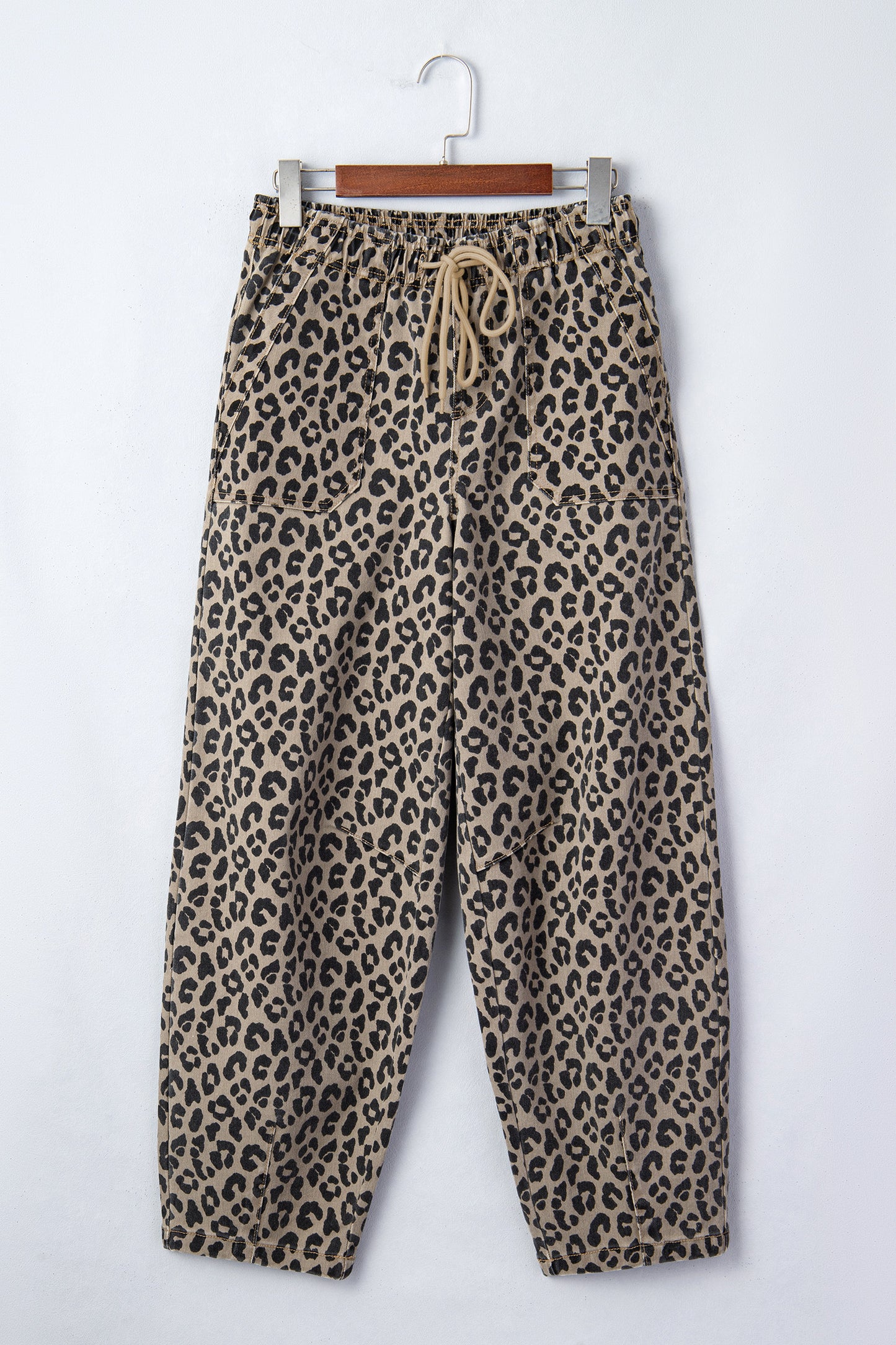 Khaki Leopard Print Drawstring Elastic Waist Loose Denim Pants