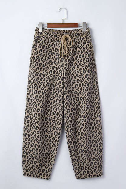 Khaki Leopard Print Drawstring Elastic Waist Loose Denim Pants