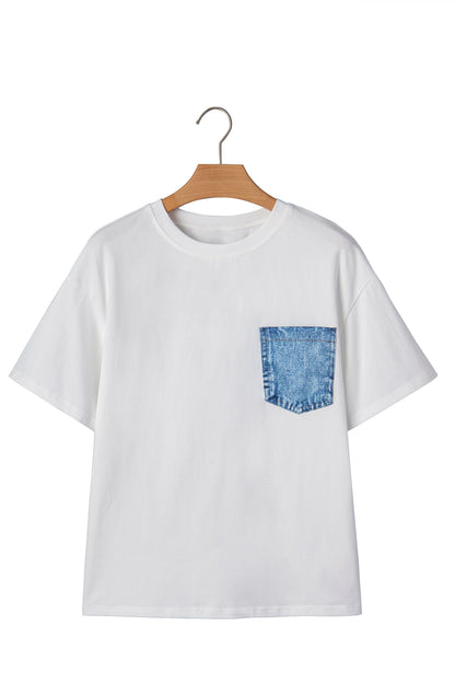 Color Block Chest Pocket Patched Casual Short Sleeve Top (Other Color)