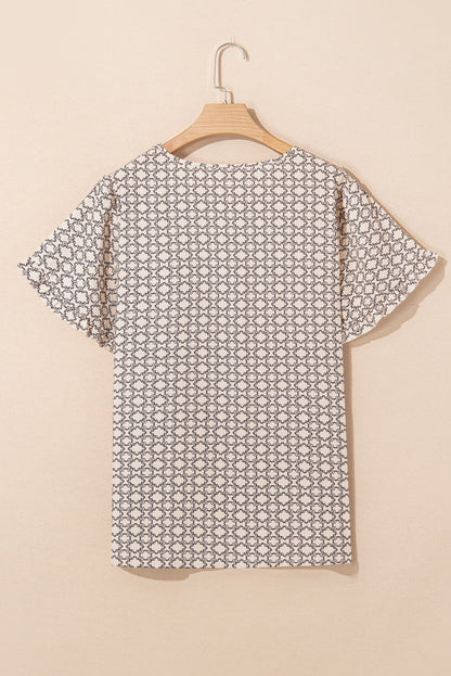 Khaki Geometric Print Ruffled Sleeve Blouse