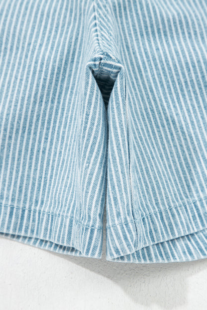 Blue Stripe Contrast Drawstring Elastic Waist Denim Shorts